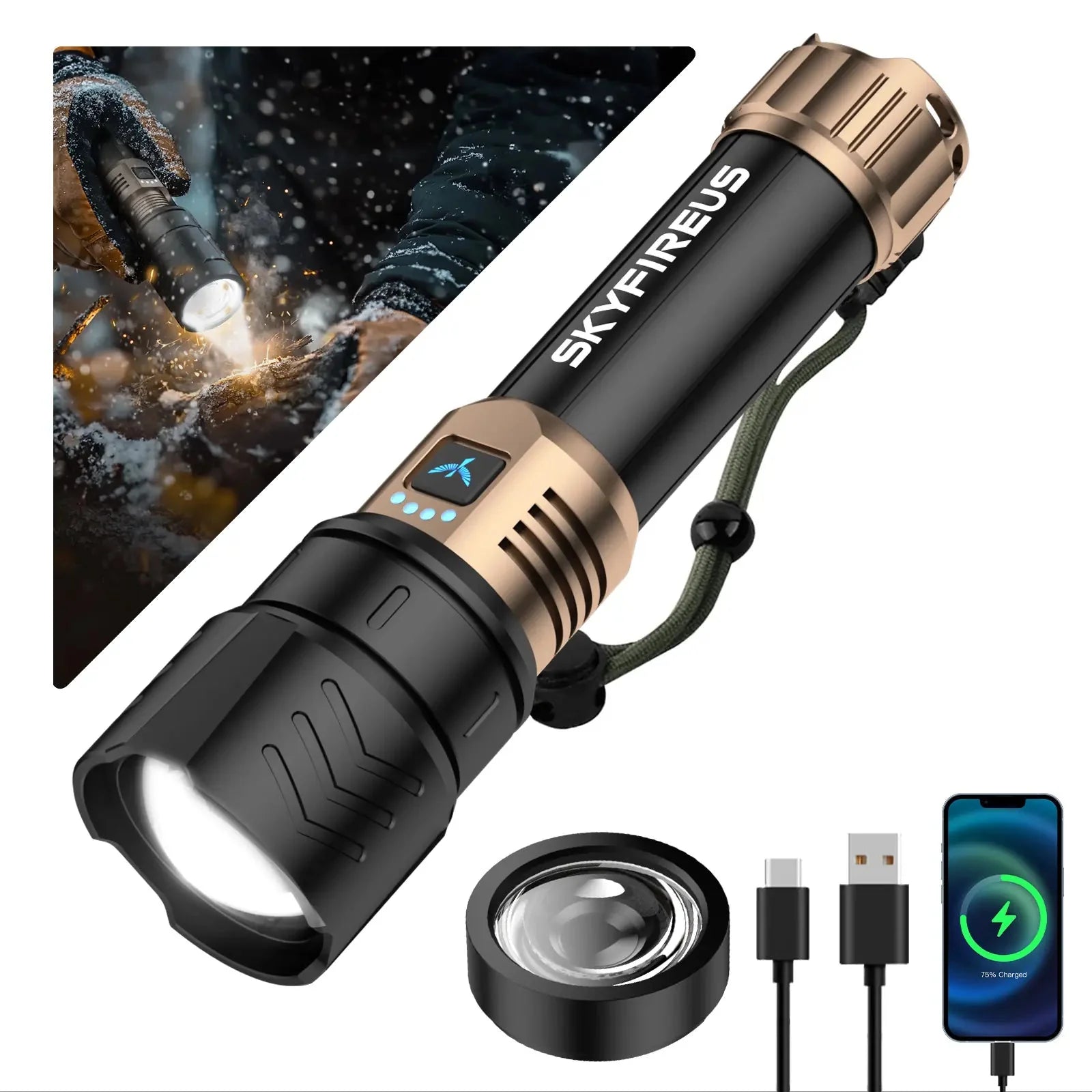 SkyFire 1097 flashlight with removable focusing lens, charging cable and outdoor use inset#Color_Goldblack
