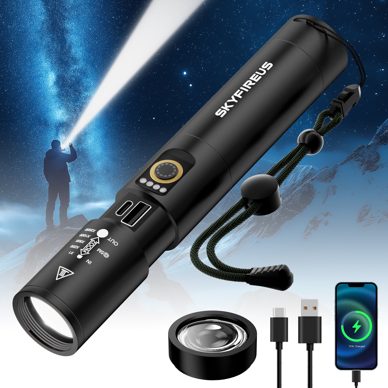 SKYFIRE 1353 Rechargeable Tactical Flashlight – 800 Lumens, Ignition Lens, Outdoor & Emergency Use