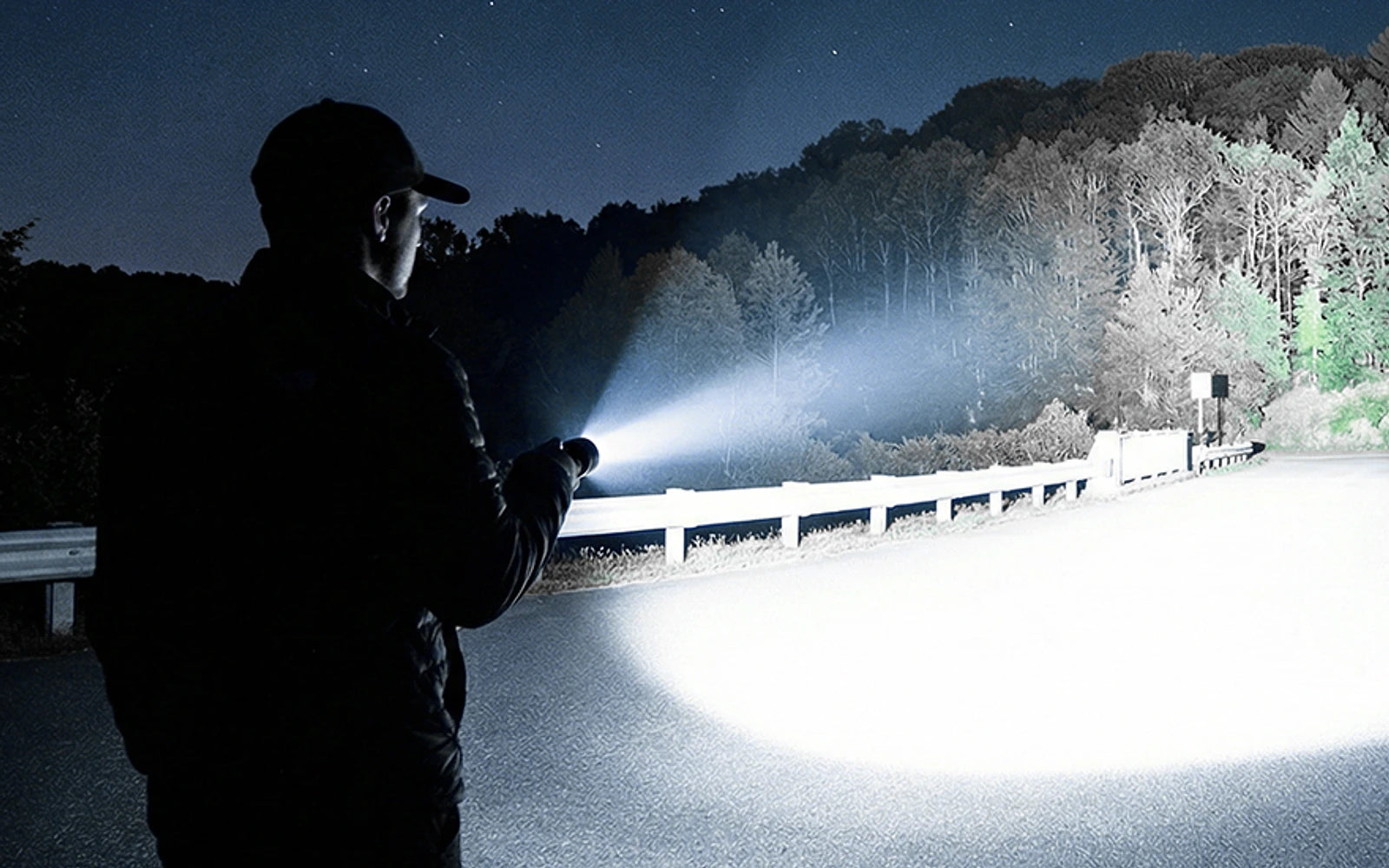 Wide flood beam illuminating a campsite work area