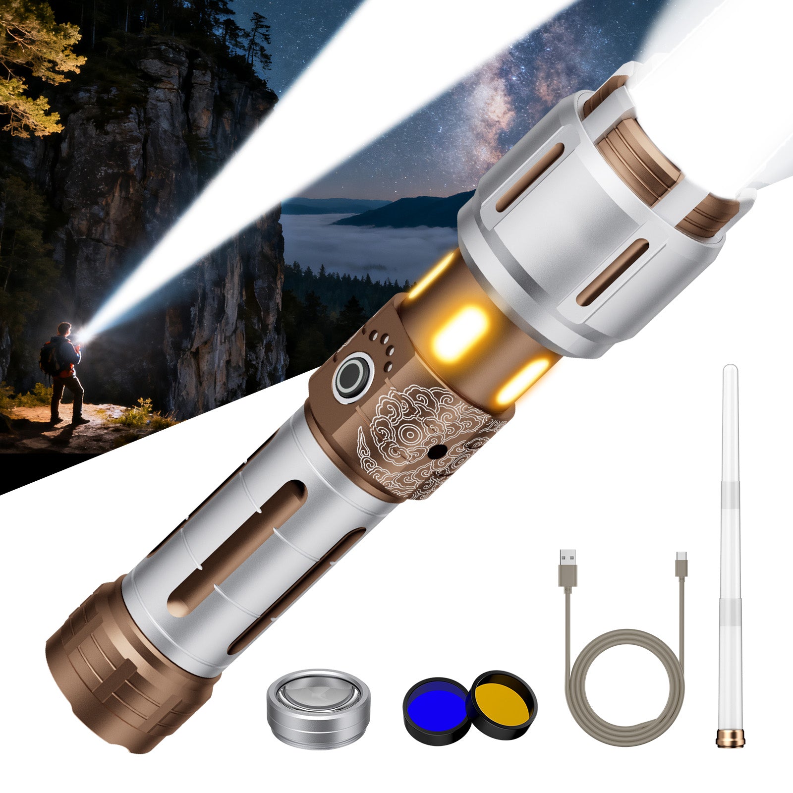 SKYFIRE 2503 LED Rechargeable Flashlights with Lightsaber, 3000 High Lumens Waterproof Zoomable Powerful Bright Flash Light for Home, Outdoor, Flash Saber Fans and Night Adventures with Ignition Lens