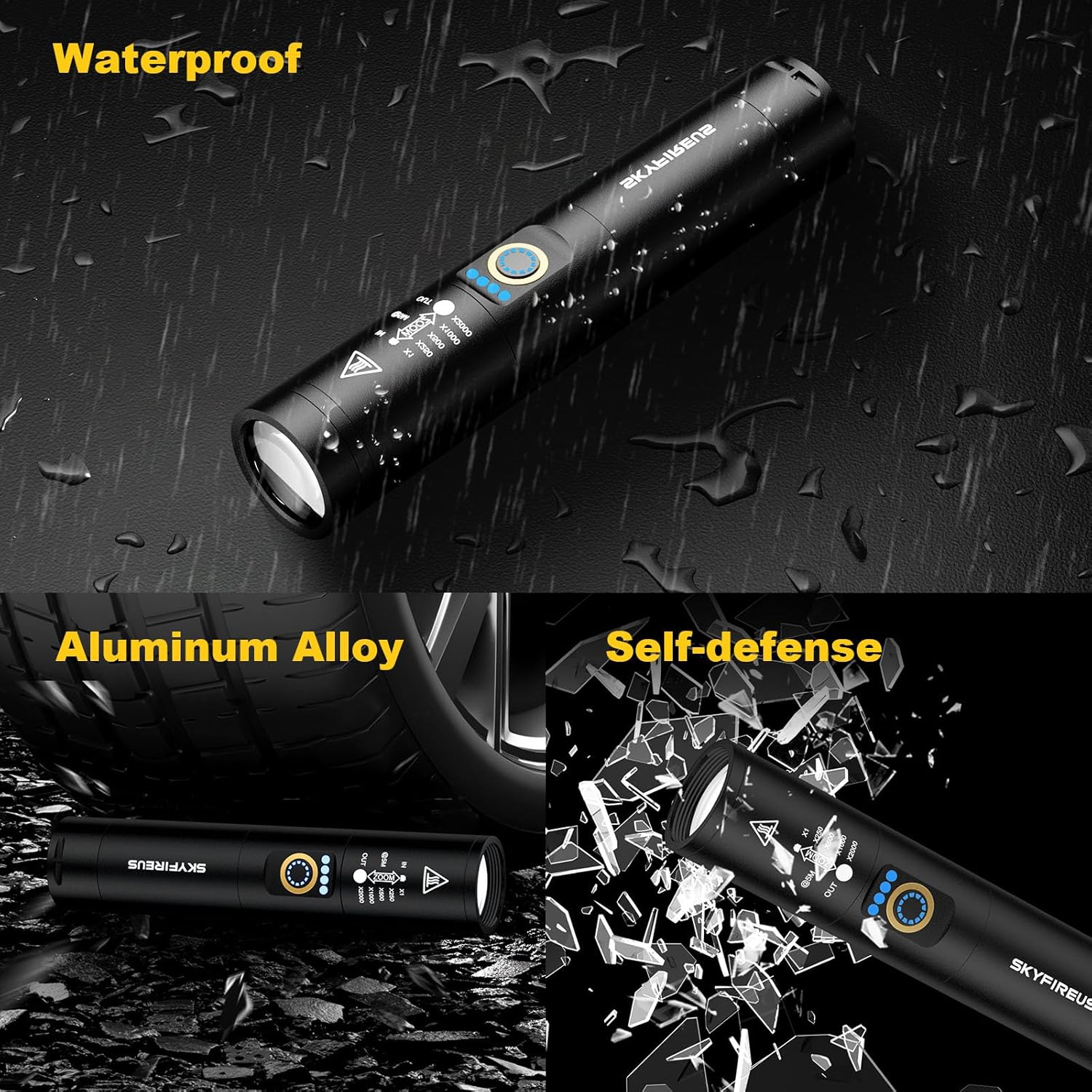 SKYFIRE 1353 Rechargeable Tactical Flashlight – 800 Lumens, Ignition Lens, Outdoor & Emergency Use