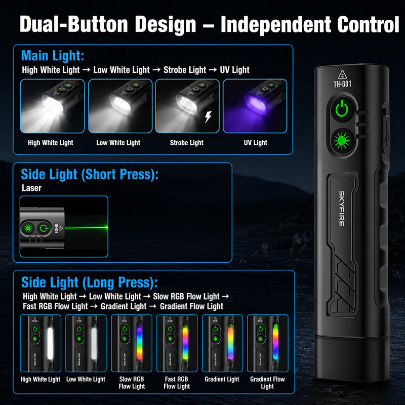 Skyfire EDC Flashlight 1500 Lumens UV Black Laser Flat Unibody Light