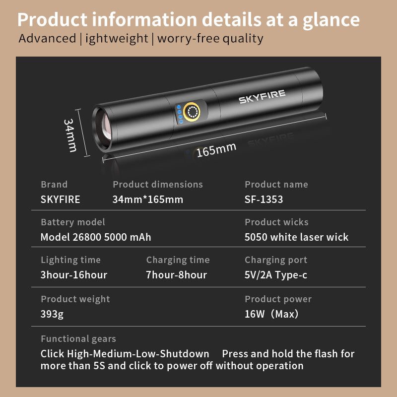 SKYFIRE 1353 Rechargeable Tactical Flashlight – 800 Lumens, Ignition Lens, Outdoor & Emergency Use