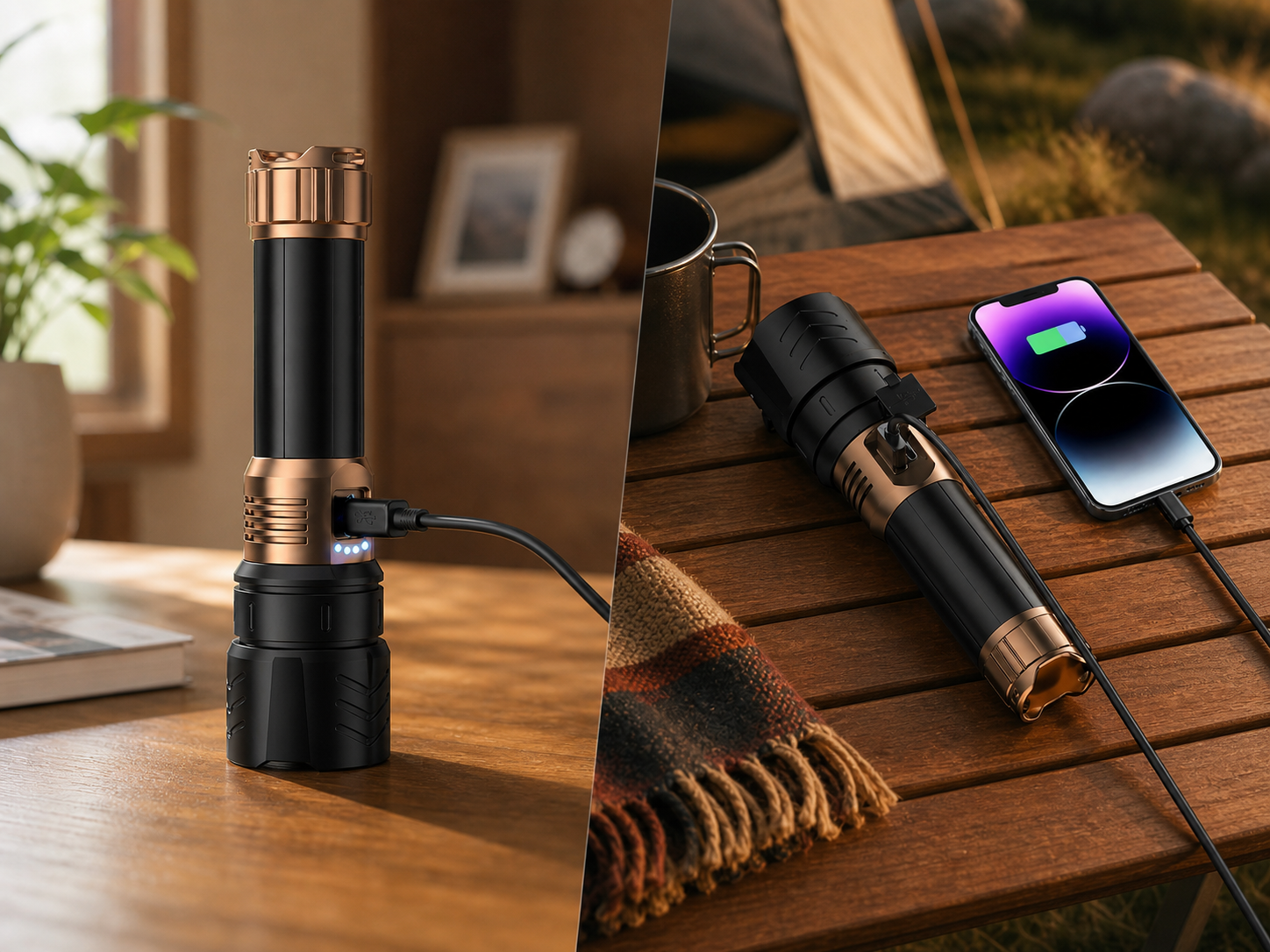 USB-C cable connected to the SkyFire 1097 flashlight
